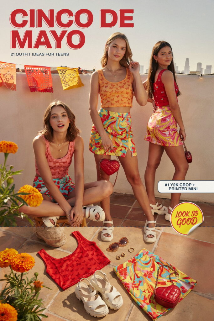 21 Cinco de Mayo Outfit Ideas for Teens That Look Cute and Seriously Trendy 3 Teen wearing a colorful Y2K crop top with butterfly and swirl prints, a vibrant printed mini skirt, chunky platform sandals, gold hoop earrings, and a chain-strap mini bag for a Cinco de Mayo outfit